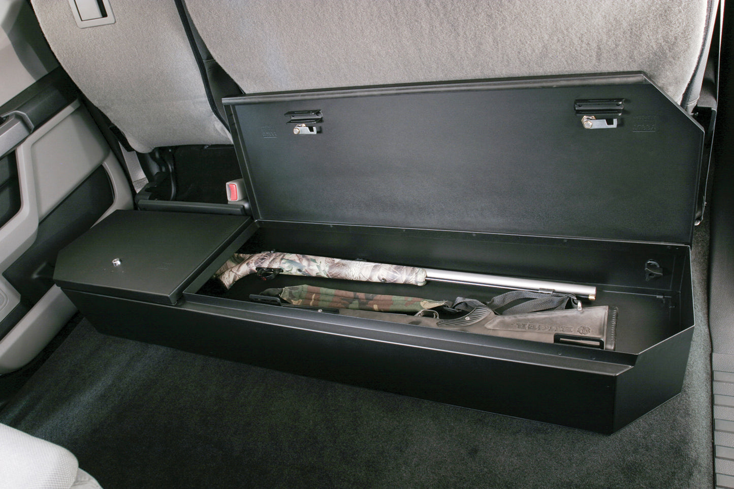 Rear Underseat Lockbox 15-22 F-150 17-22 F-250/350/450 Super Duty w/ Crew Cab w/o Floor Mounted Subwoofer Full Length Black Products Tuffy Security-11