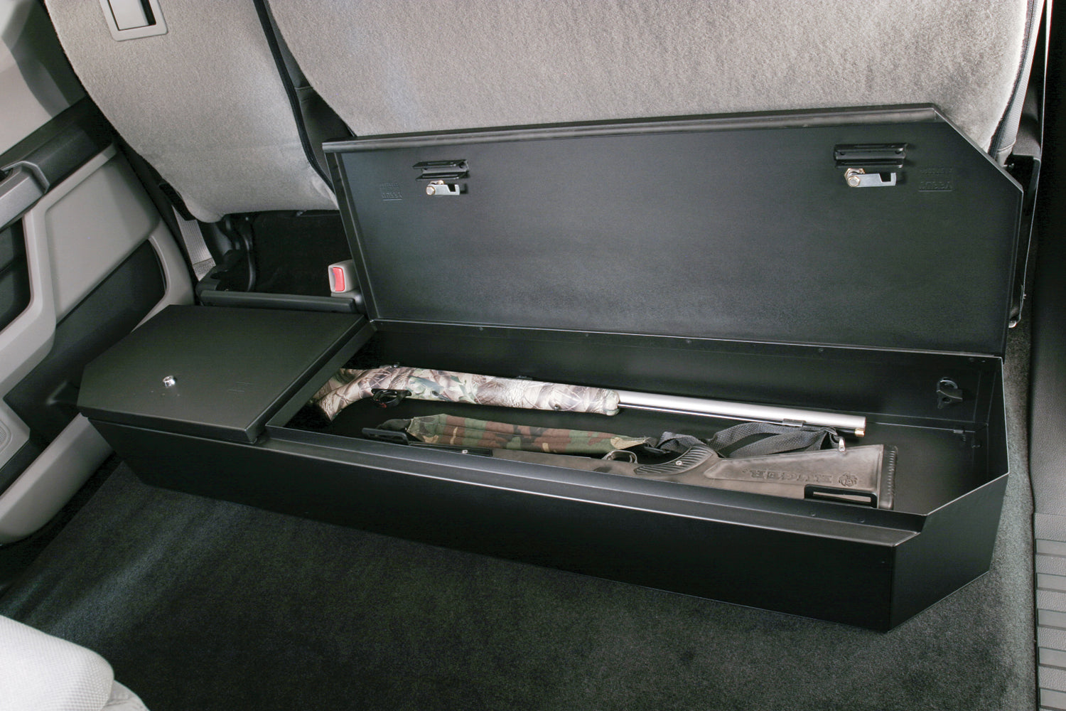 Rear Underseat Lockbox 15-22 F-150 17-22 F-250/350/450 Super Duty w/ Crew Cab w/o Floor Mounted Subwoofer Full Length Black Products Tuffy Security-11