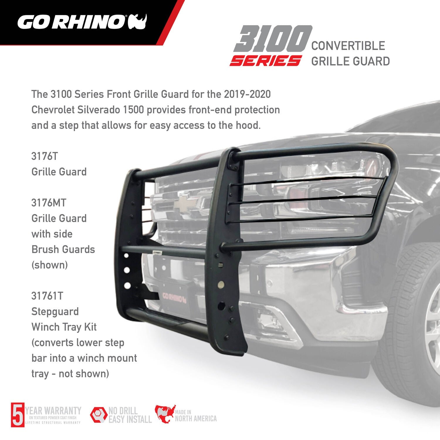 3100 Series StepGuard with Brush Guards Textured Black 2019-2021 Silverado 1500 2022-2022 Silverado 1500 LTD Go Rhino-7