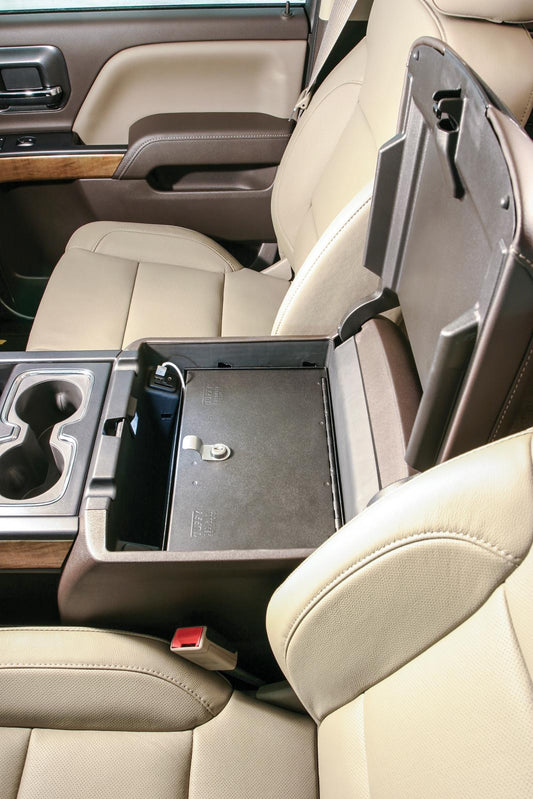 Console Safe - 14-19 Silverado/Sierra 1500 {19 Old Body Style} / 15-19 2500HD/3500HD / 15-20 Suburban/Tahoe/Yukon/Yukon XL w/ Flow-Thru Console Black Products Tuffy Security-1