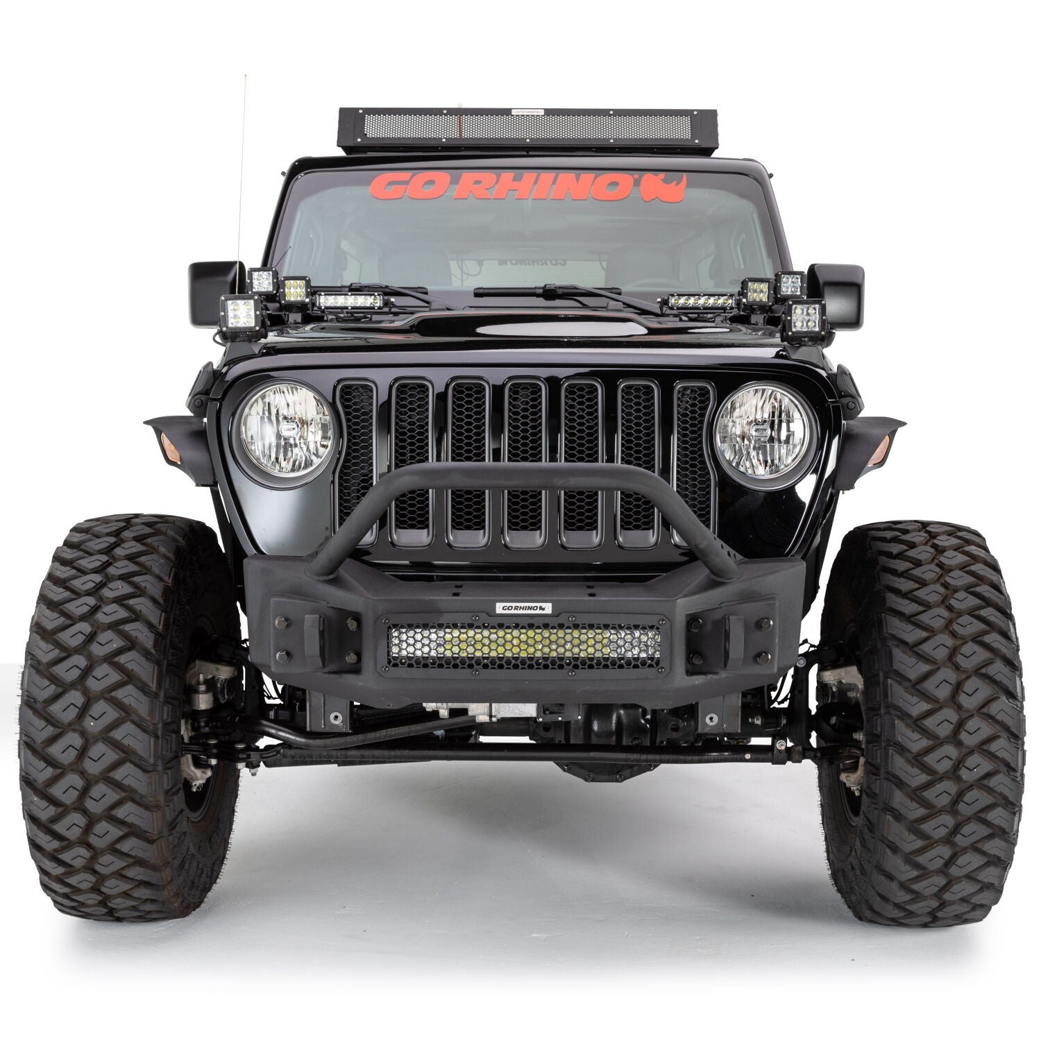 Rockline Front Stubby Bumper W/ Overrider Textured Black 2007-2025 Jeep Wrangler JK/JL 2020-2025 Jeep Gladiator Go Rhino-5
