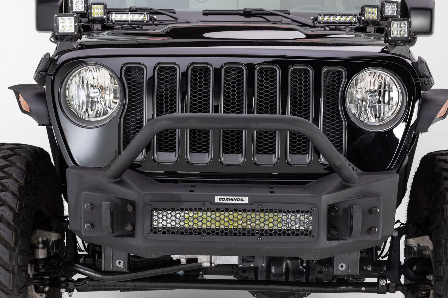 Rockline Front Stubby Bumper W/ Overrider Textured Black 2007-2025 Jeep Wrangler JK/JL 2020-2025 Jeep Gladiator Go Rhino-6