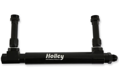Black Anodized Adjustable Billet Fuel Line Black Anodized Adjustable Billet Fuel Line for Dual Feed Model 4150 and Dominator Carburetors Adjustable to Allow for Fitment on Various Metering Block and Fuel Bowl Configurations Holley