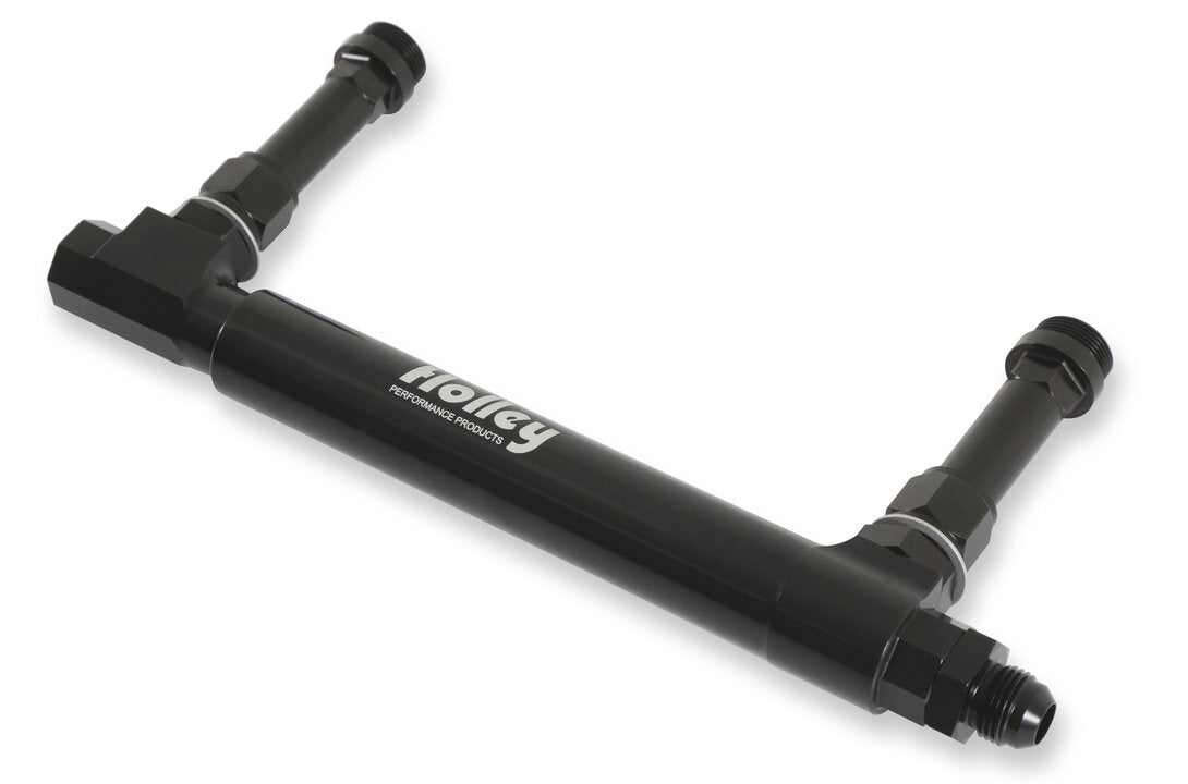 Black Anodized Adjustable Billet Fuel Line Black Anodized Adjustable Billet Fuel Line for Dual Feed Model 4150 and Dominator Carburetors Adjustable to Allow for Fitment on Various Metering Block and Fuel Bowl Configurations Holley-1