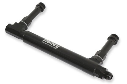 Black Anodized Adjustable Billet Fuel Line Black Anodized Adjustable Billet Fuel Line for Dual Feed Model 4150 and Dominator Carburetors Adjustable to Allow for Fitment on Various Metering Block and Fuel Bowl Configurations Holley-1