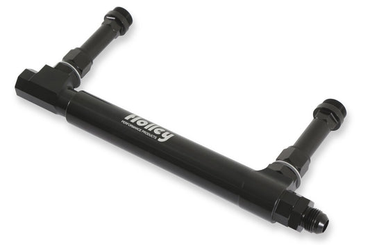 Black Anodized Adjustable Billet Fuel Line Black Anodized Adjustable Billet Fuel Line for Dual Feed Model 4150 and Dominator Carburetors Adjustable to Allow for Fitment on Various Metering Block and Fuel Bowl Configurations Holley-1
