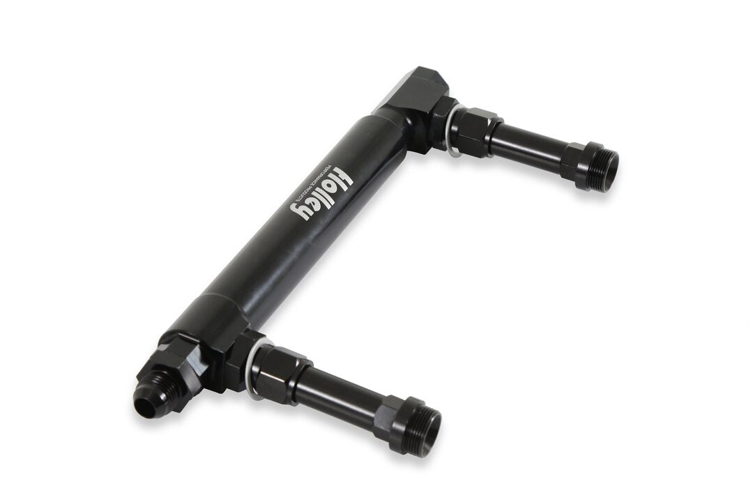 Black Anodized Adjustable Billet Fuel Line Black Anodized Adjustable Billet Fuel Line for Dual Feed Model 4150 and Dominator Carburetors Adjustable to Allow for Fitment on Various Metering Block and Fuel Bowl Configurations Holley-2