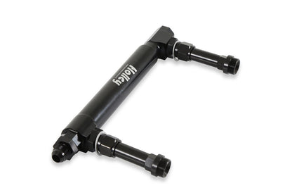Black Anodized Adjustable Billet Fuel Line Black Anodized Adjustable Billet Fuel Line for Dual Feed Model 4150 and Dominator Carburetors Adjustable to Allow for Fitment on Various Metering Block and Fuel Bowl Configurations Holley-2