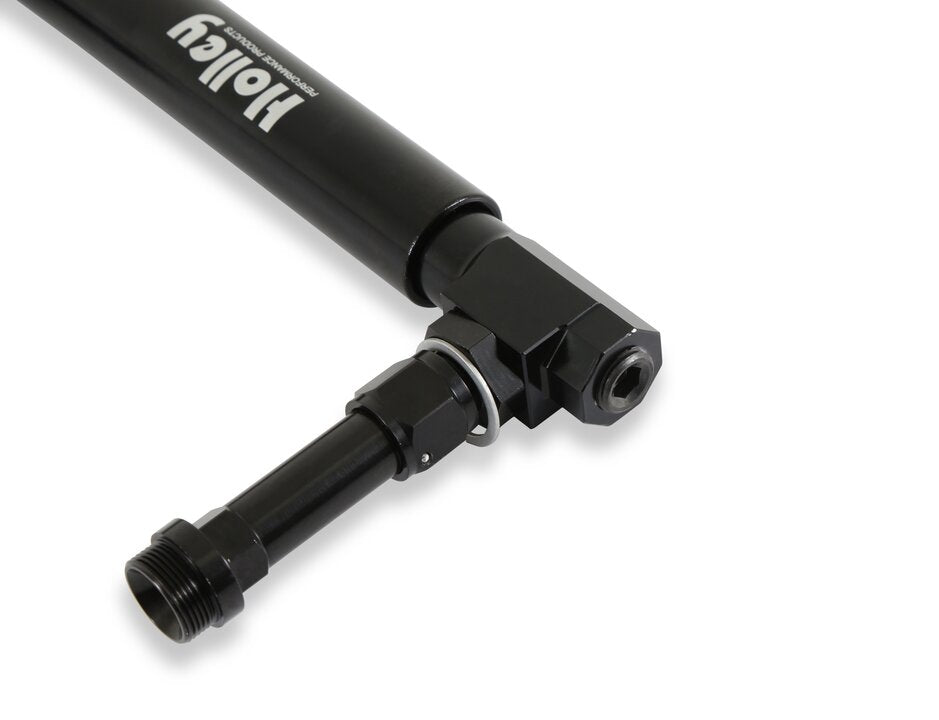 Black Anodized Adjustable Billet Fuel Line Black Anodized Adjustable Billet Fuel Line for Dual Feed Model 4150 and Dominator Carburetors Adjustable to Allow for Fitment on Various Metering Block and Fuel Bowl Configurations Holley-4