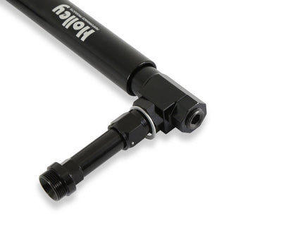 Black Anodized Adjustable Billet Fuel Line Black Anodized Adjustable Billet Fuel Line for Dual Feed Model 4150 and Dominator Carburetors Adjustable to Allow for Fitment on Various Metering Block and Fuel Bowl Configurations Holley-4