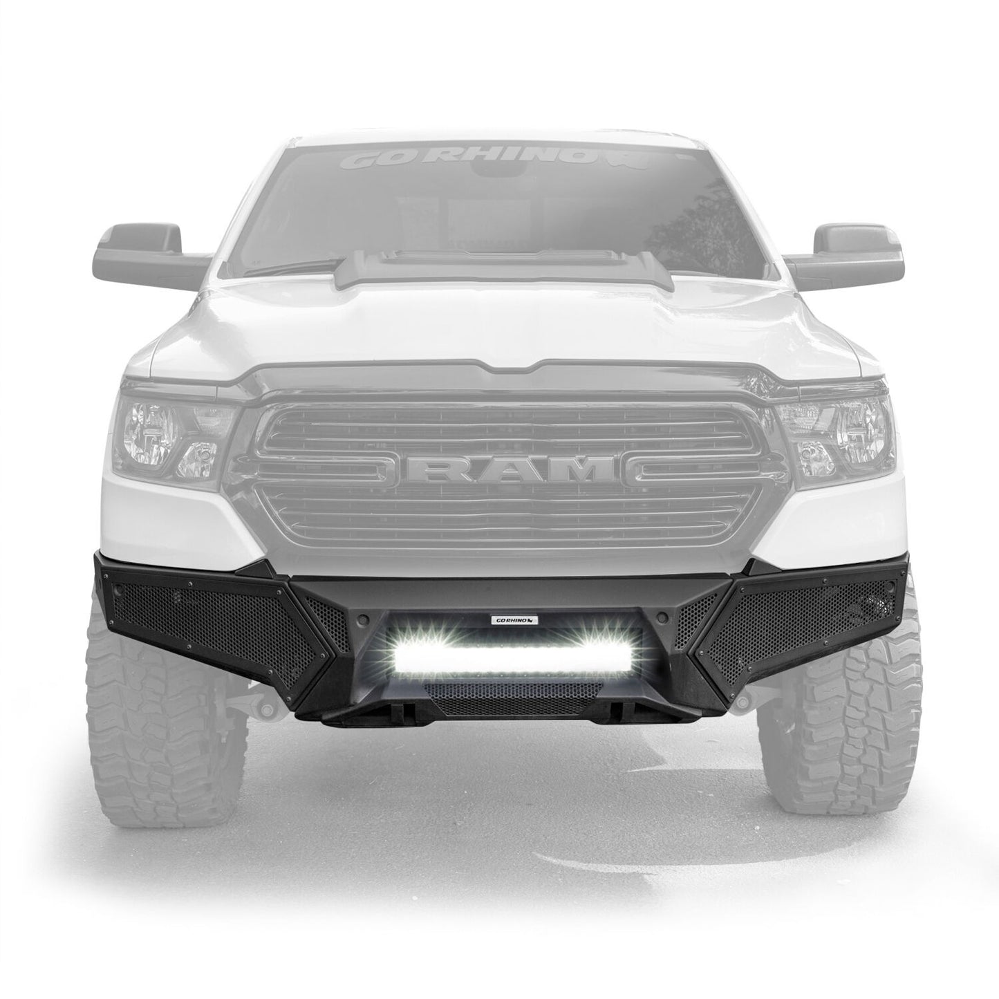 Element Front Bumper with Power Actuated Hide Away Light Bar Mount Textured Black 2019-2024 Ram 1500 Go Rhino