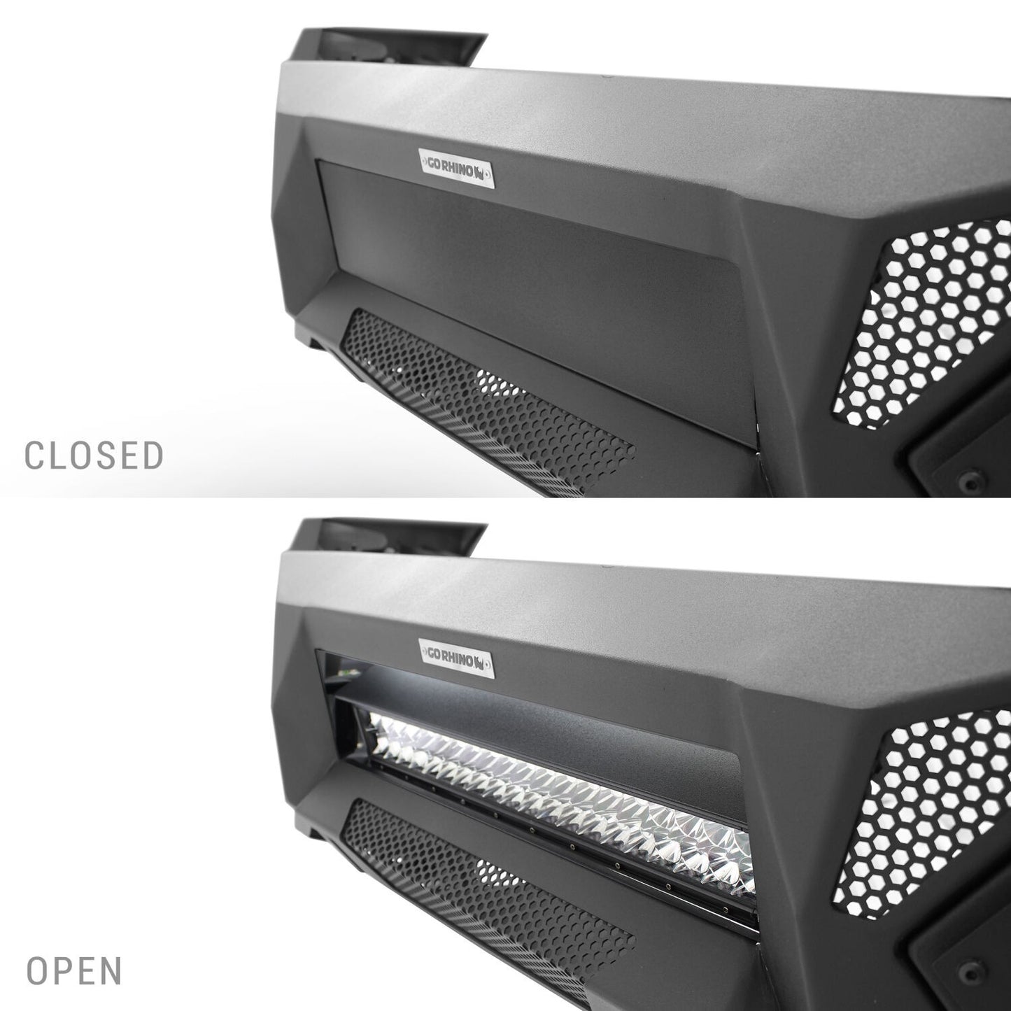 Element Front Bumper with Power Actuated Hide Away Light Bar Mount Textured Black 2019-2024 Ram 1500 Go Rhino-4