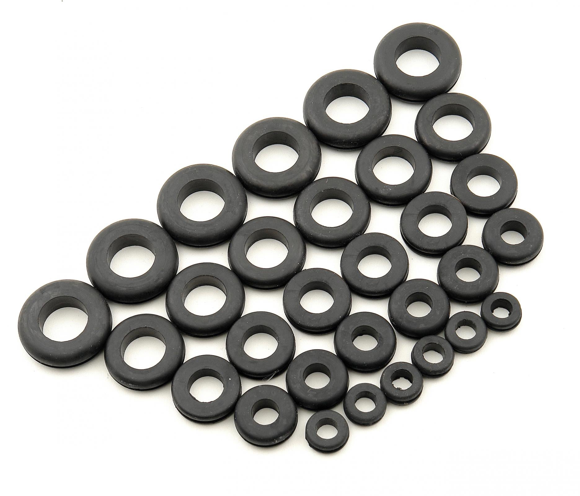 Grommet Assortment Rubber Package Of 30 These heavy-duty grommet set includes 30 popular sizes for automotive use Kit contains 6 grommets each for hole diameters:1/2'', 5/8'', 3/4'', 7/8''& 1'' Mr Gasket