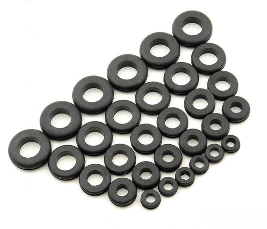 Grommet Assortment Rubber Package Of 30 These heavy-duty grommet set includes 30 popular sizes for automotive use Kit contains 6 grommets each for hole diameters:1/2'', 5/8'', 3/4'', 7/8''& 1'' Mr Gasket