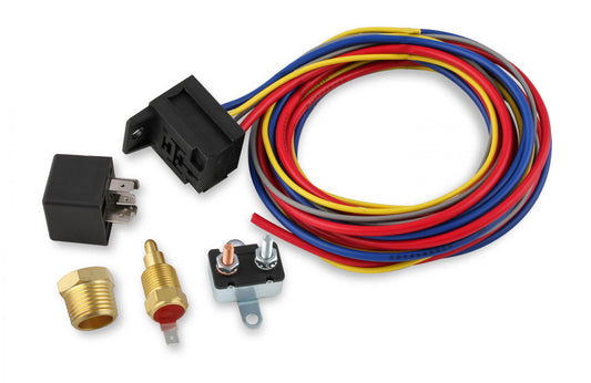 Electric Fan Harness & Relay Kit with 185 Degree Temperature Switch Temperature Controlled Cooling Fan Harness & Relay Kit with 185 degree temperature switch. 30 Amp Relay and Circuit Breaker Mr Gasket