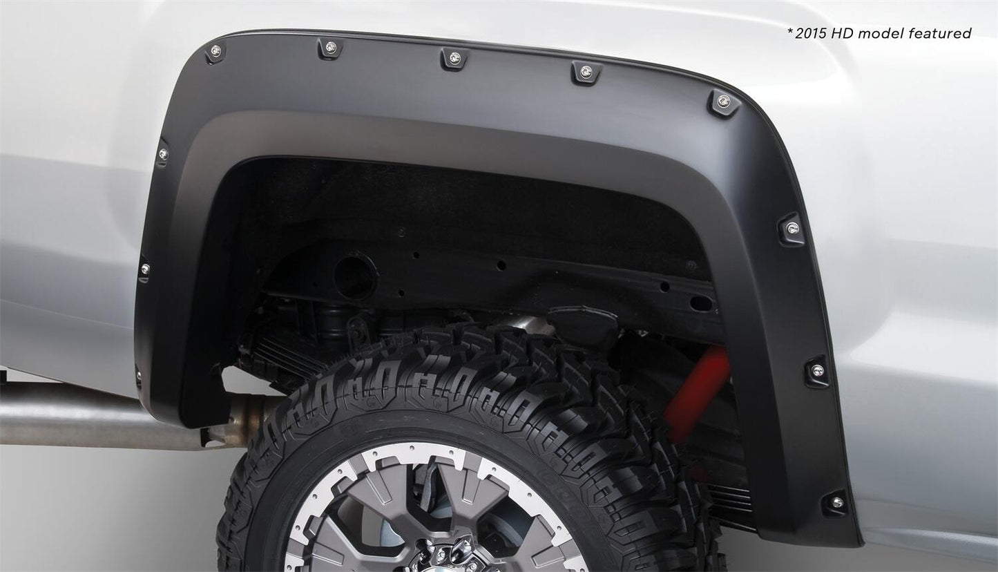 Black Pocket/Rivet Style Smooth Finish Rear Fender Flares For 2014-2018 Sierra 1500 (Incl Limited) 2015-2018 Sierra 2500 Hd/3500 Hd (Excludes Dually) Bushwacker-1