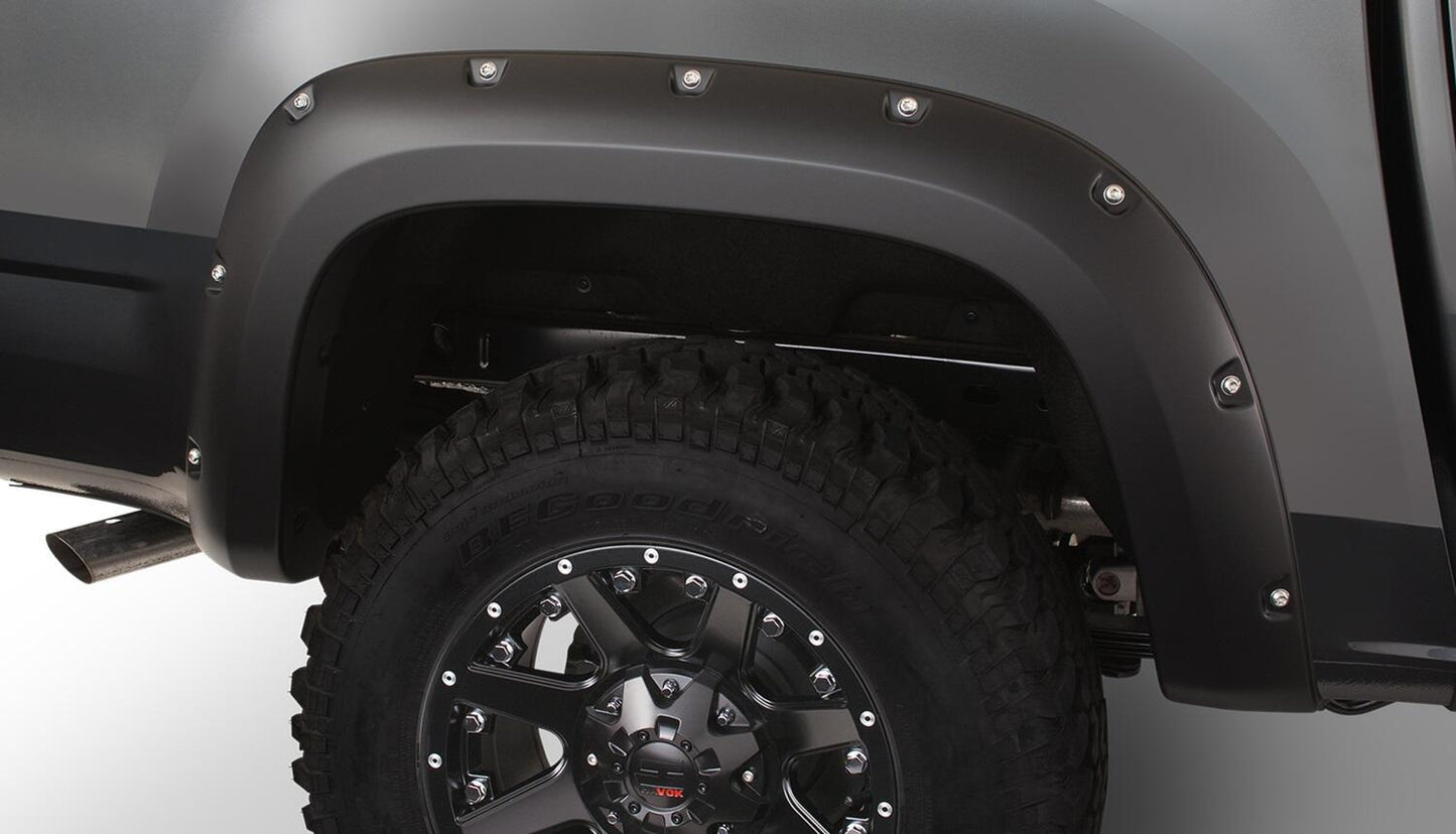 Black Pocket/Rivet Style Smooth Finish Rear Fender Flares For 2015-2022 Chevrolet Colorado W/74 Inch Bed Bushwacker