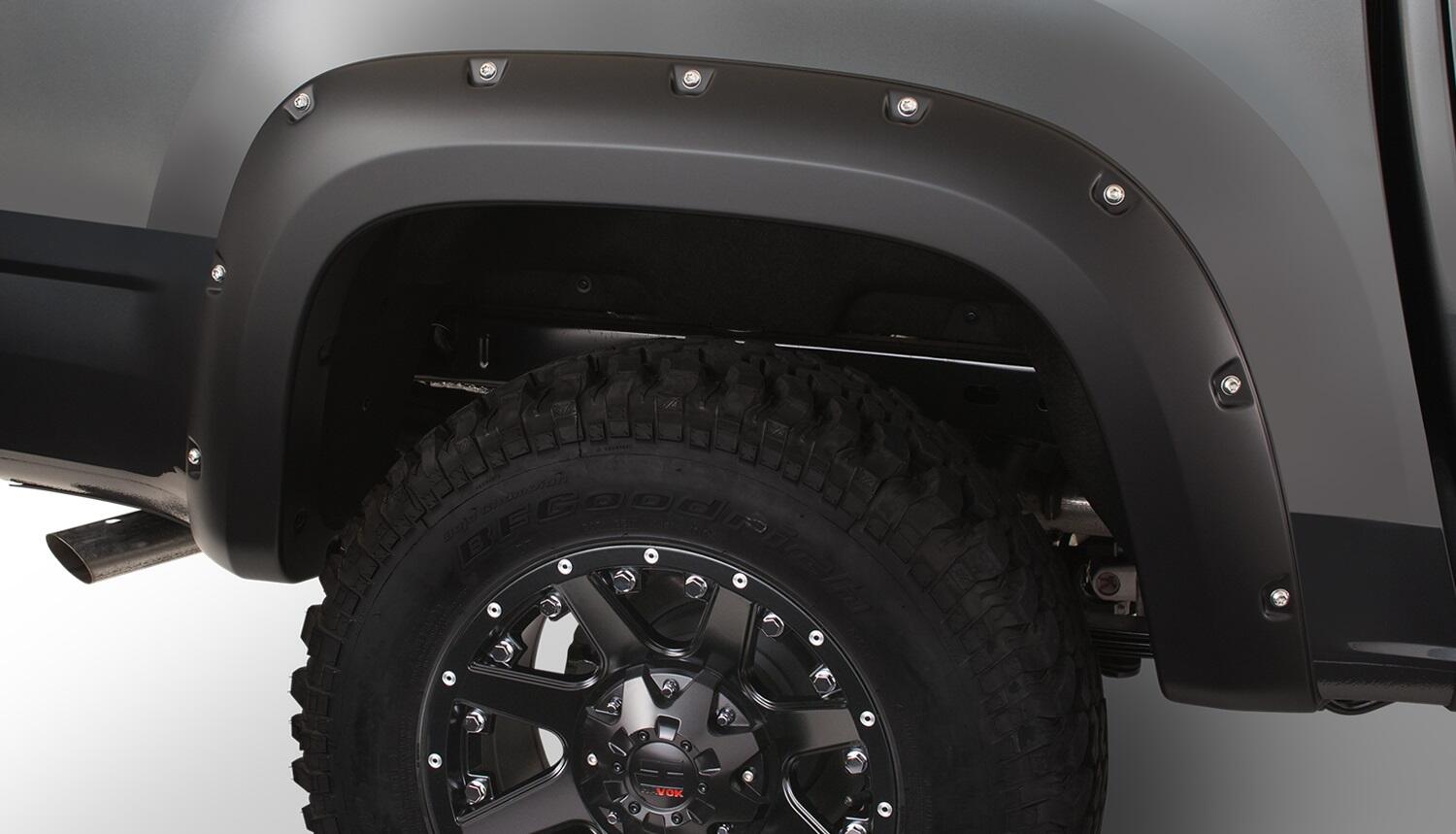 Black Pocket/Rivet Style Smooth Finish Rear Fender Flares For 2015-2022 Chevrolet Colorado W/74 Inch Bed Bushwacker