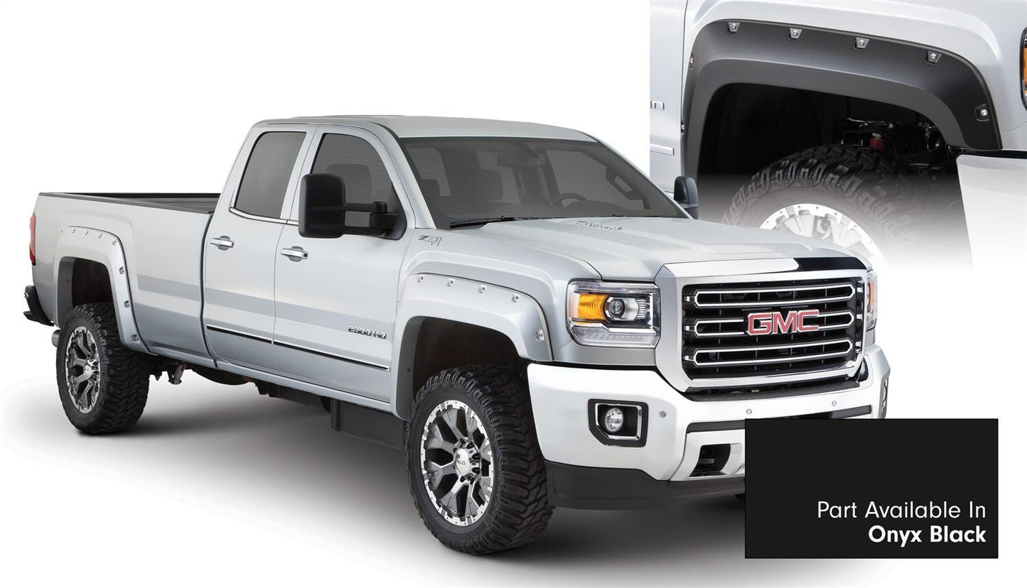 Pocket/Rivet Style Color Matched Onyx Black 4-Piece Fender Flare Set For 2017-2019 Sierra 2500 Hd/3500 Hd Bushwacker