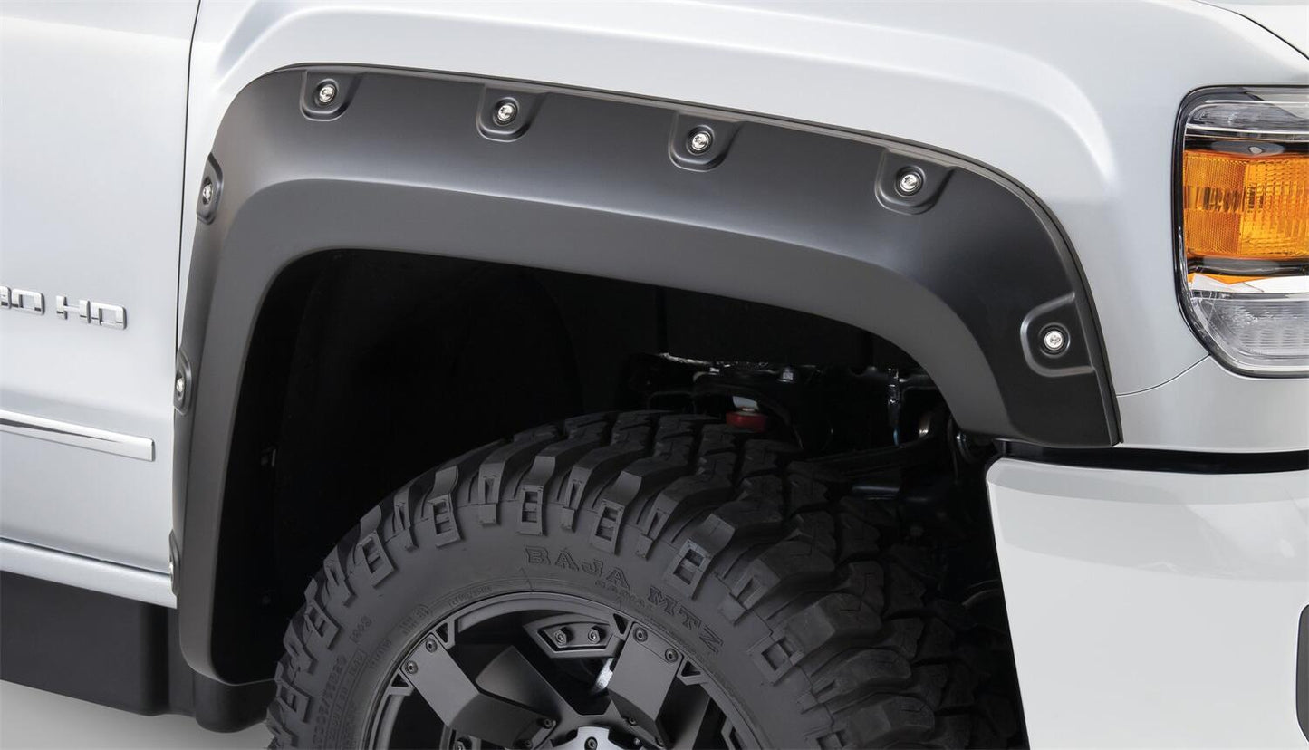 Black Boss Pocket/Rivet Style Smooth Finish 4-Piece Fender Flare Set For 2015-2019 GMC Sierra 2500 Hd/3500 Hd Bushwacker-1