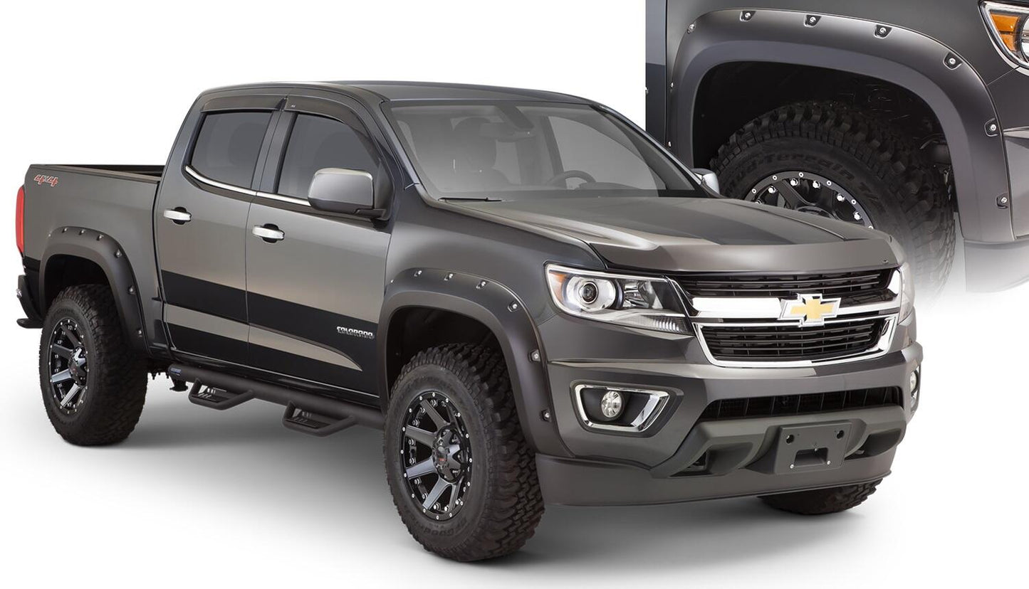 Black Pocket/Rivet Style Smooth Finish 4-Piece Fender Flare Set For 2015-2020 Chevrolet Colorado W/61.7 Inch Bed Bushwacker