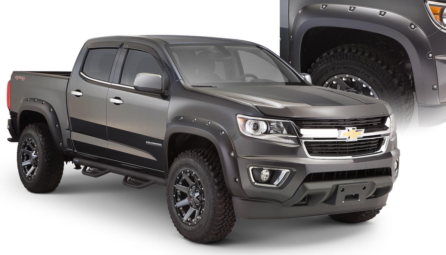 Black Pocket/Rivet Style Smooth Finish 4-Piece Fender Flare Set For 2015-2021 Chevrolet Colorado W/74 Inch Bed Bushwacker