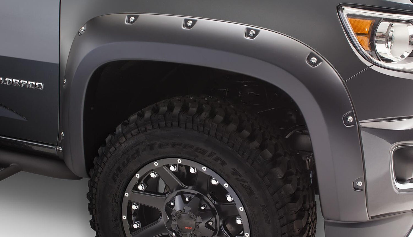 Black Pocket/Rivet Style Smooth Finish 4-Piece Fender Flare Set For 2015-2021 Chevrolet Colorado W/74 Inch Bed Bushwacker-1