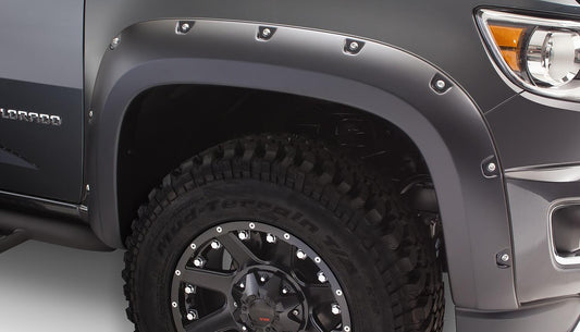 Black Pocket/Rivet Style Smooth Finish 4-Piece Fender Flare Set For 2015-2021 Chevrolet Colorado W/74 Inch Bed Bushwacker-1