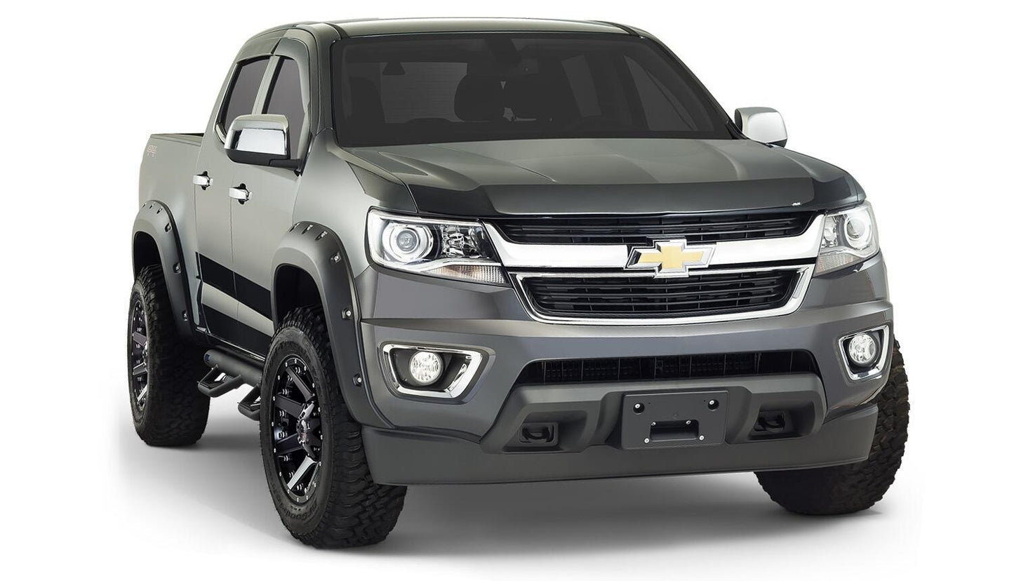Black Pocket/Rivet Style Smooth Finish 4-Piece Fender Flare Set For 2015-2021 Chevrolet Colorado W/74 Inch Bed Bushwacker-4