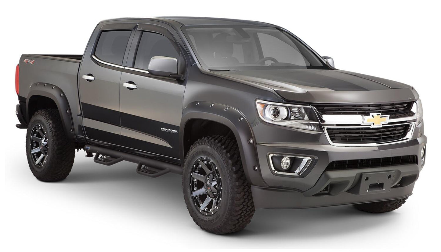 Black Pocket/Rivet Style Smooth Finish 4-Piece Fender Flare Set For 2015-2021 Chevrolet Colorado W/74 Inch Bed Bushwacker-5
