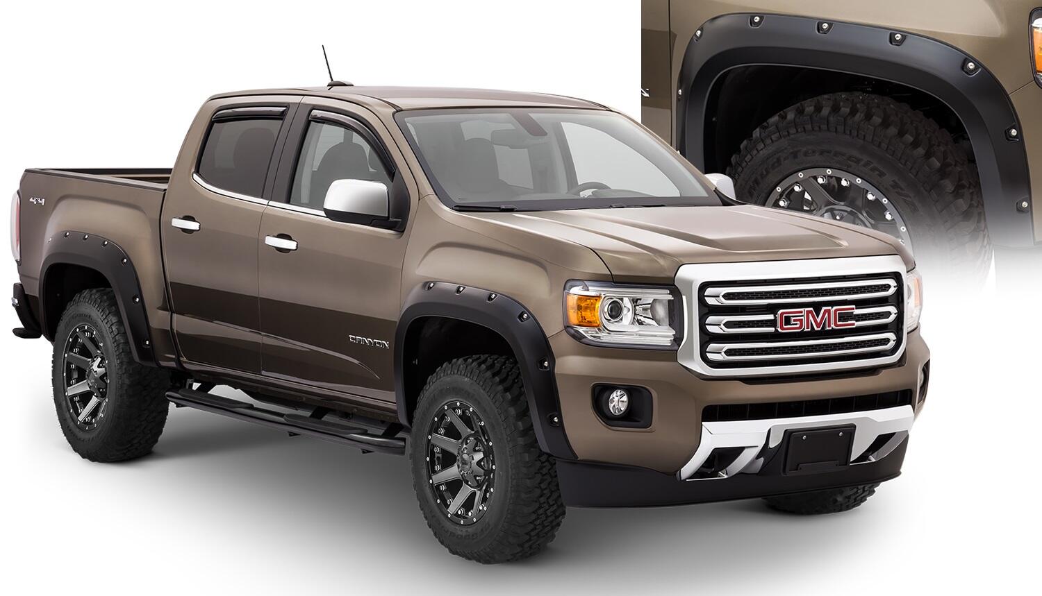 Black Pocket/Rivet Style Smooth Finish 4-Piece Fender Flare Set For 2015-2021 GMC Canyon W/61.7 Inch Bed Bushwacker