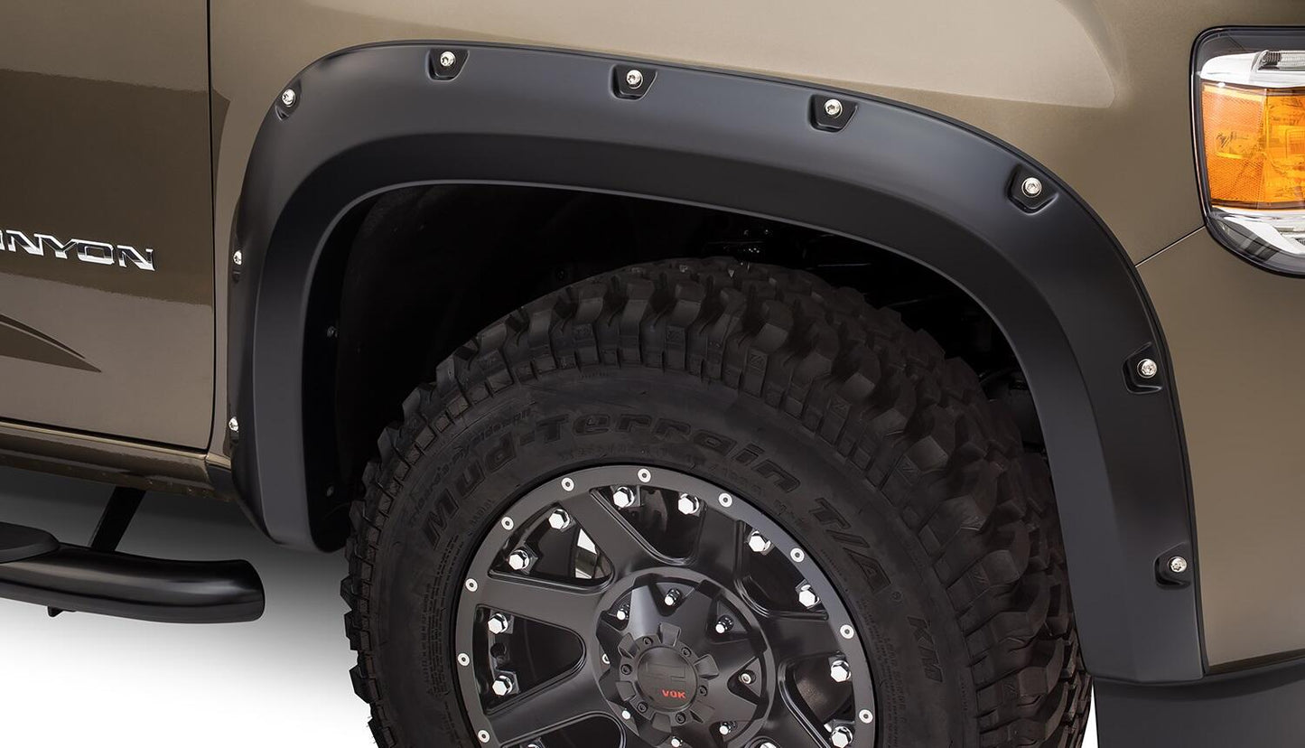 Black Pocket/Rivet Style Smooth Finish 4-Piece Fender Flare Set For 2015-2021 GMC Canyon W/61.7 Inch Bed Bushwacker-1