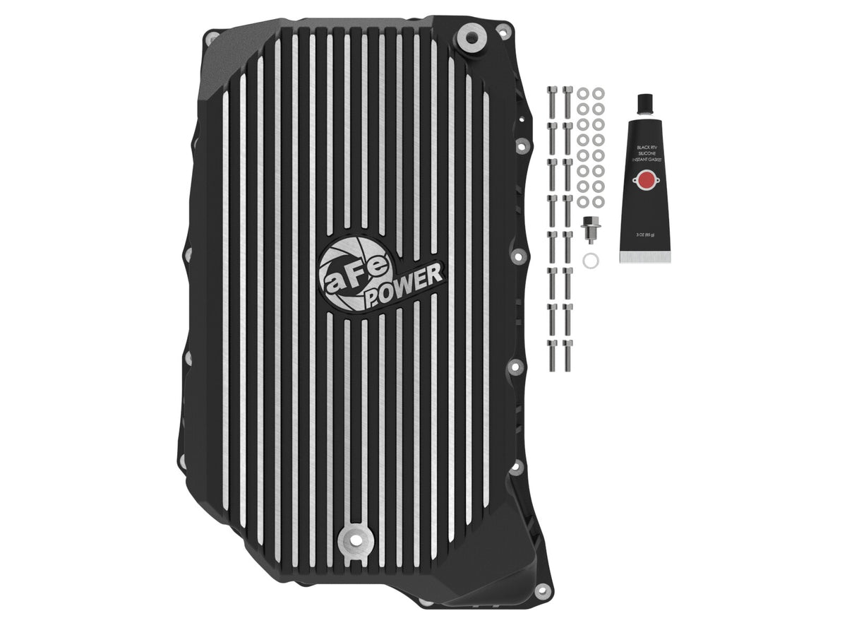 Pro Series Transmission Pan Black w/ Machined Fins GM Diesel Trucks 20-26 V8-6.6L (td) L5P aFe Power-1