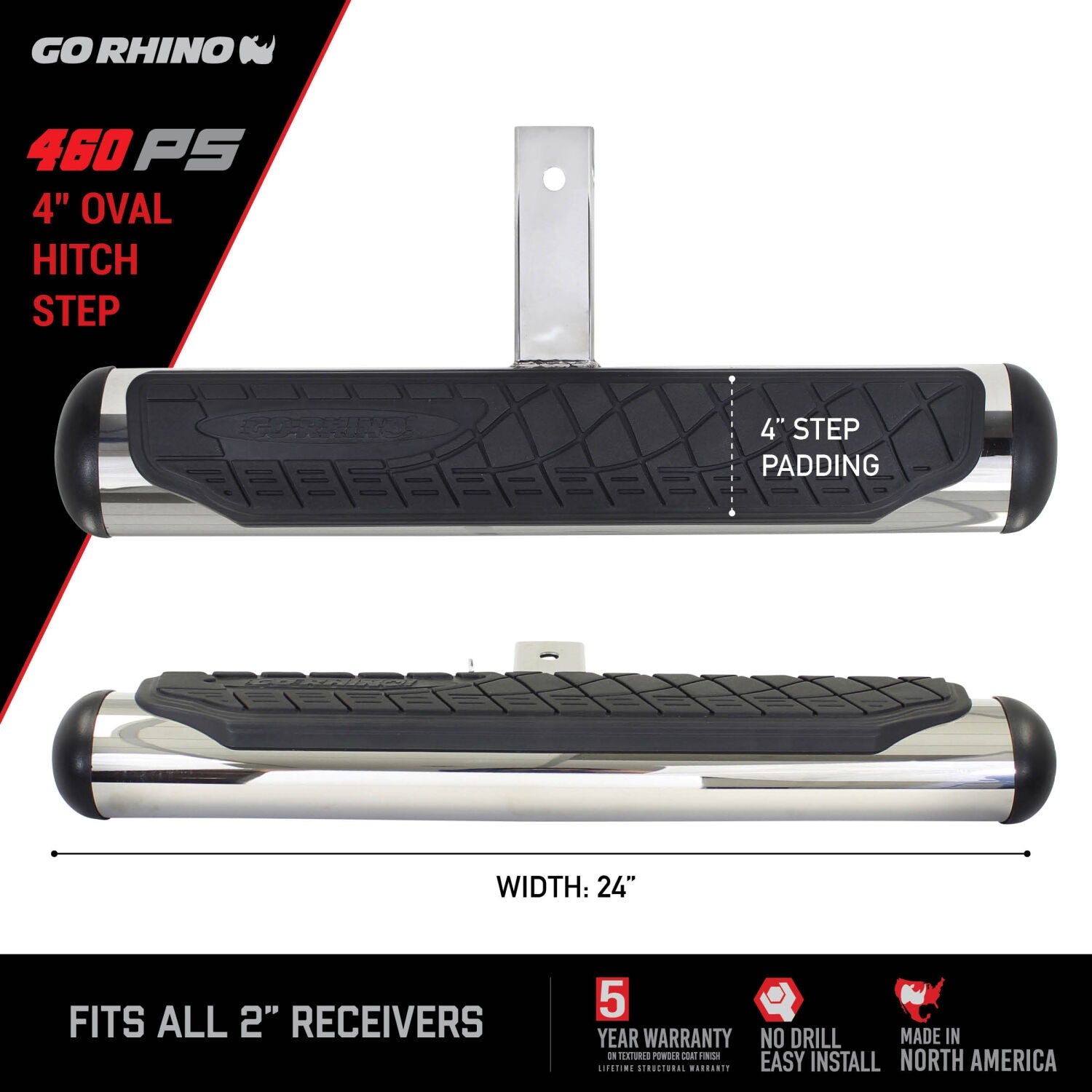 4 Inch Oval Hitch Step Polished Stainless Steel Go Rhino-3