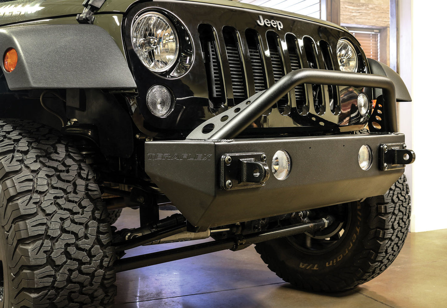 07-18 Wrangler JK RockGuard Explorer Front Bumper w/ Hoop Offset Drum Winch TeraFlex-1