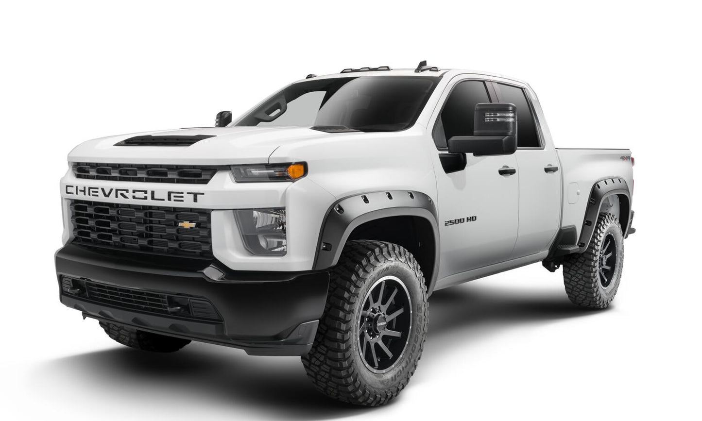 Black Forge Pocket/Rivet Textured Finish 4-Pc Fender Flare Set For 20-26 Chevrolet Silverado 2500/3500 Bushwacker