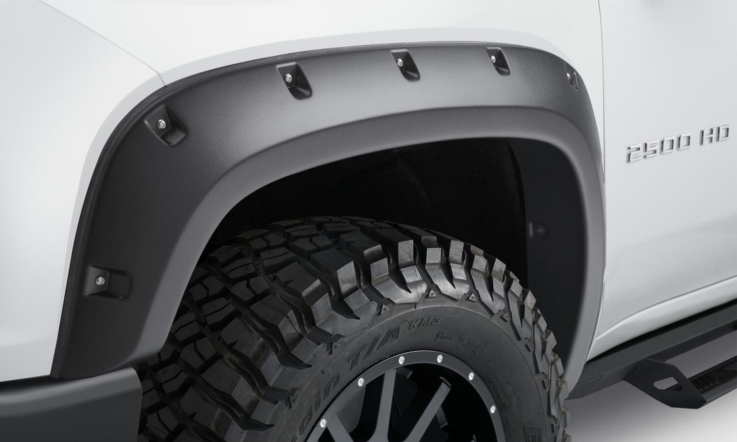 Black Forge Pocket/Rivet Textured Finish 4-Pc Fender Flare Set For 20-26 Chevrolet Silverado 2500/3500 Bushwacker-1