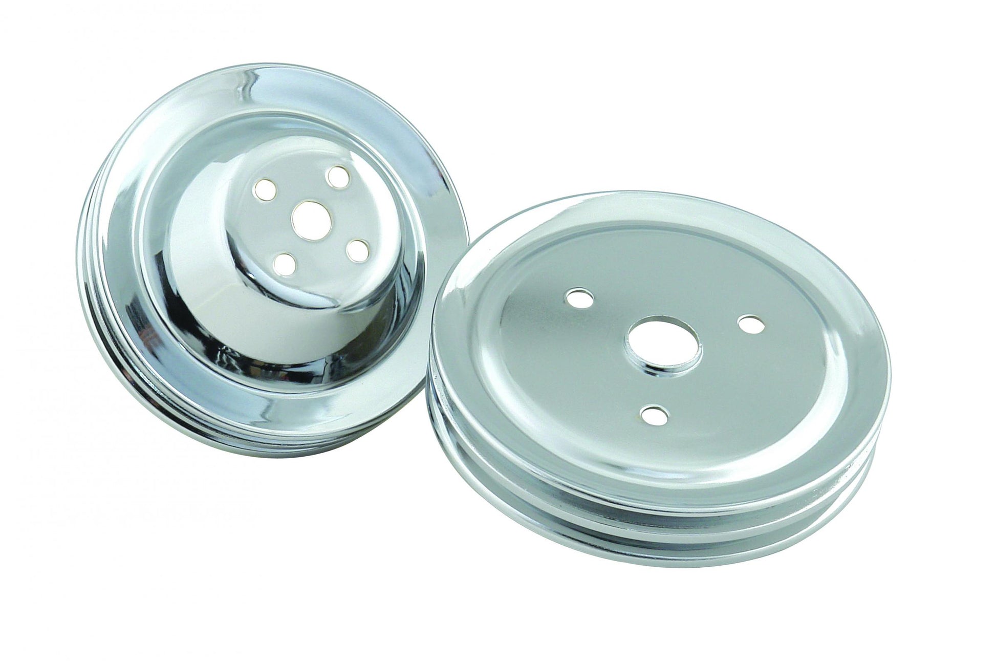 Chrome Pulley Set Two Groove Upper & Lower Pulleys Fits 1955-1968 Chevrolet 265-350 Gen I Small Block with Short Water Pump Mr Gasket