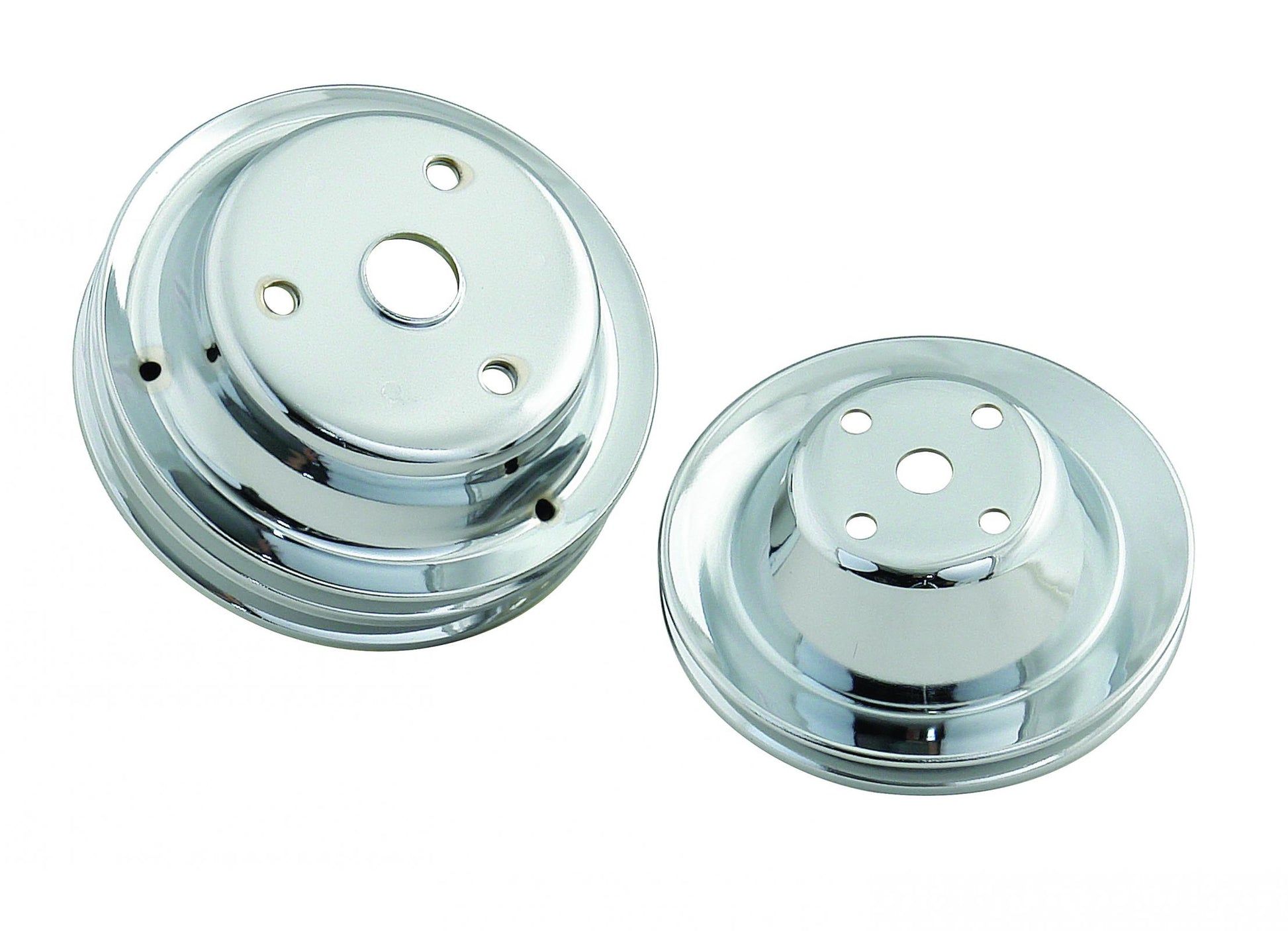 Chrome Pulley Set Single Groove Upper, Double Groove Lower Fits 1969-1985 Chevrolet 262-400 Gen I Small Block with Long Water Pump Mr Gasket