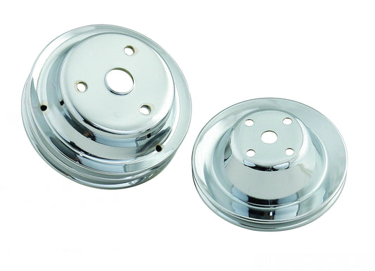 Chrome Pulley Set Single Groove Upper, Double Groove Lower Fits 1969-1985 Chevrolet 262-400 Gen I Small Block with Long Water Pump Mr Gasket