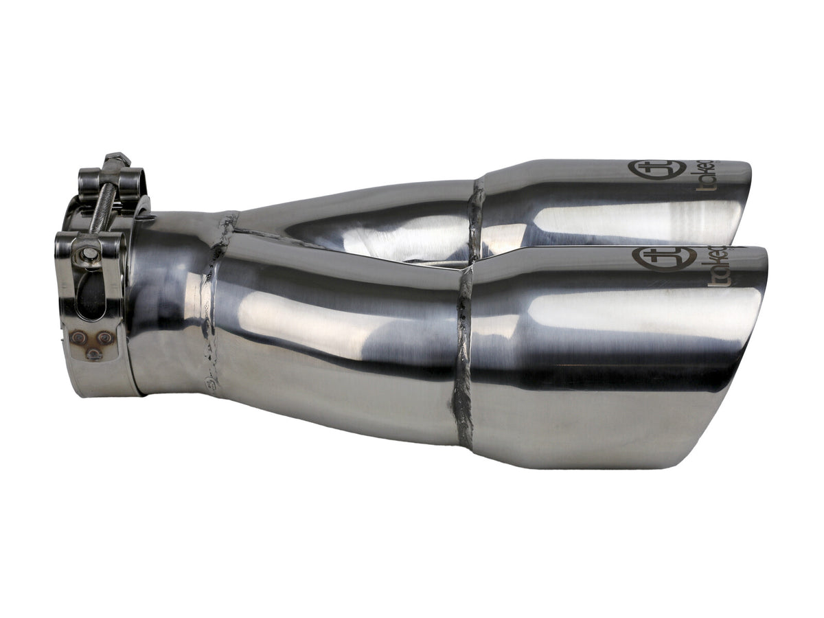 Takeda 304 Stainless Steel Clamp-on Exhaust Tip 2-1/2 Inch Inlet x 3 Inch Dual Outlet x 9-1/2 Inch L aFe Power-1