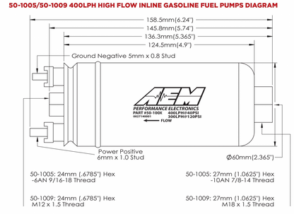 400LPH (Metric) Inline High Flow Fuel Pump M18x1.5 Inlet M12x1.5 Outlet AEM Electronics