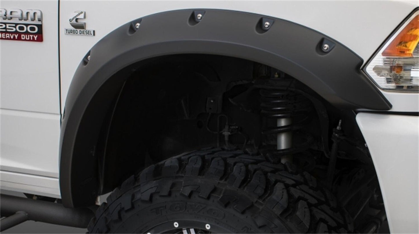 Black Max Coverage Pocket/Rivet Style Smooth Finish Rear Fender Flares For 2010-2018 Dodge Ram 2500, 3500 (Includes Dually) Bushwacker