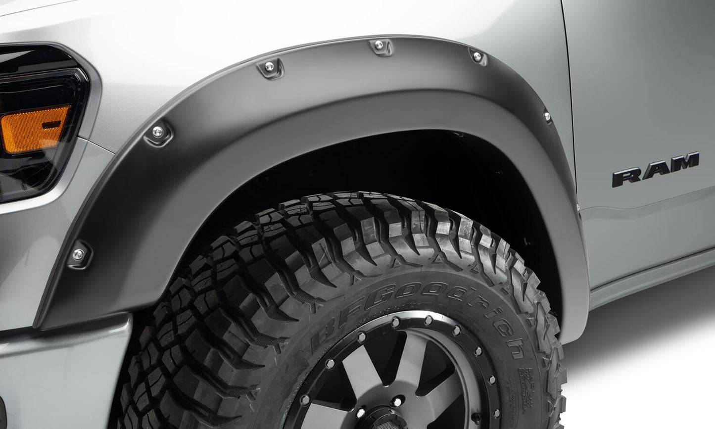 Black Pocket/Rivet Style Smooth Finish Front Fender Flares For 2019-2022 Ram 1500 Will Not Fit Rebel And Trx Models Bushwacker