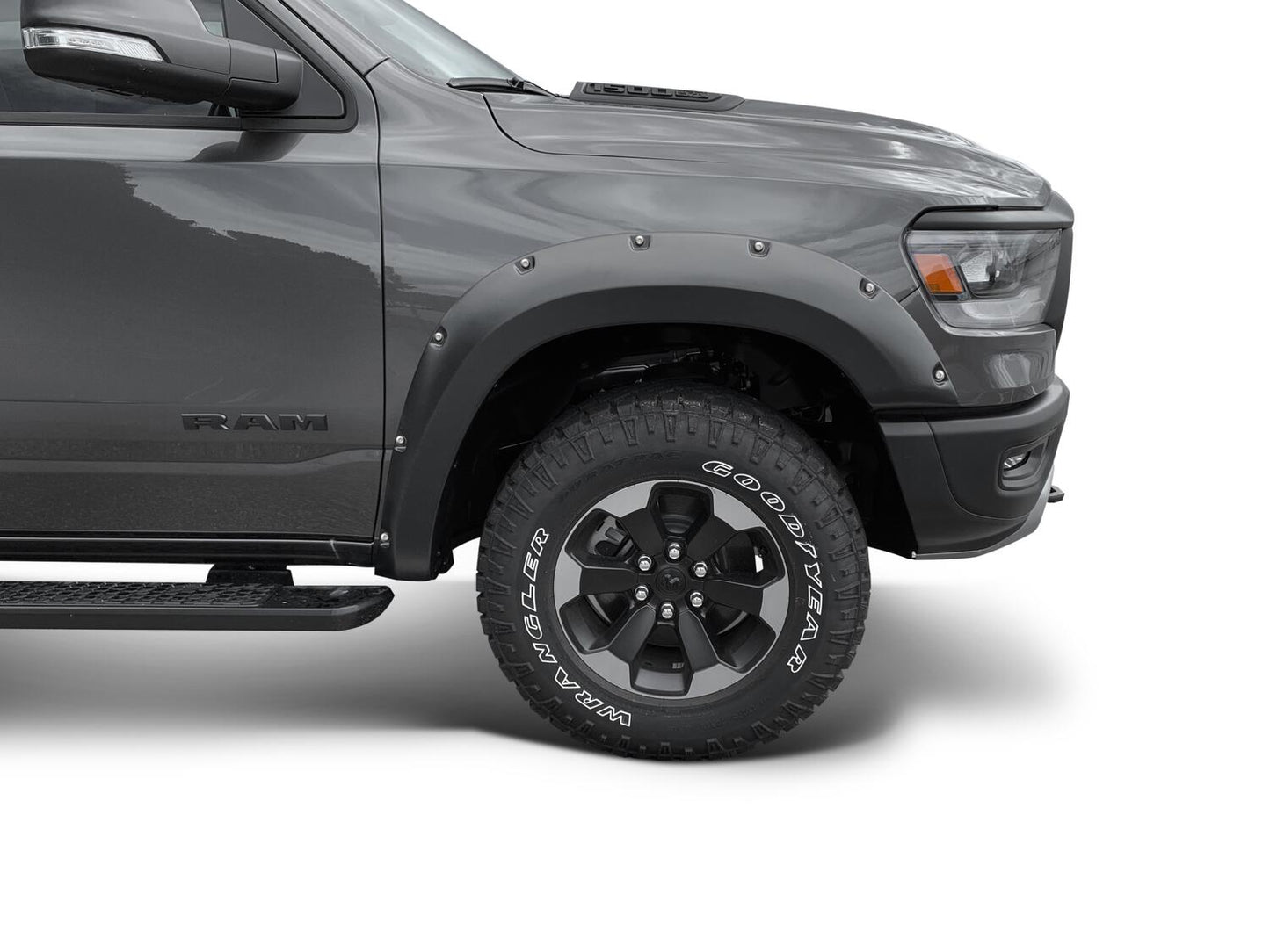 Black Pocket/Rivet Style Smooth Finish Front Fender Flares For 2019-2022 Ram 1500 Rebel Bushwacker