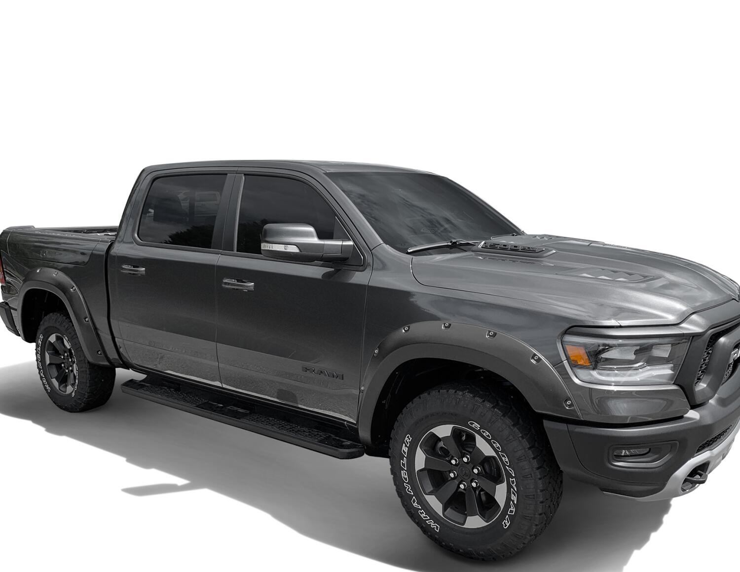 Black Pocket/Rivet Style Smooth Finish Front Fender Flares For 2019-2022 Ram 1500 Rebel Bushwacker-1