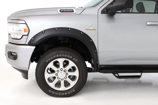 Black Pocket/Rivet Style Smooth Finish Front Fender Flares For 2019-2026 Ram 2500/3500, Includes Dually Bushwacker
