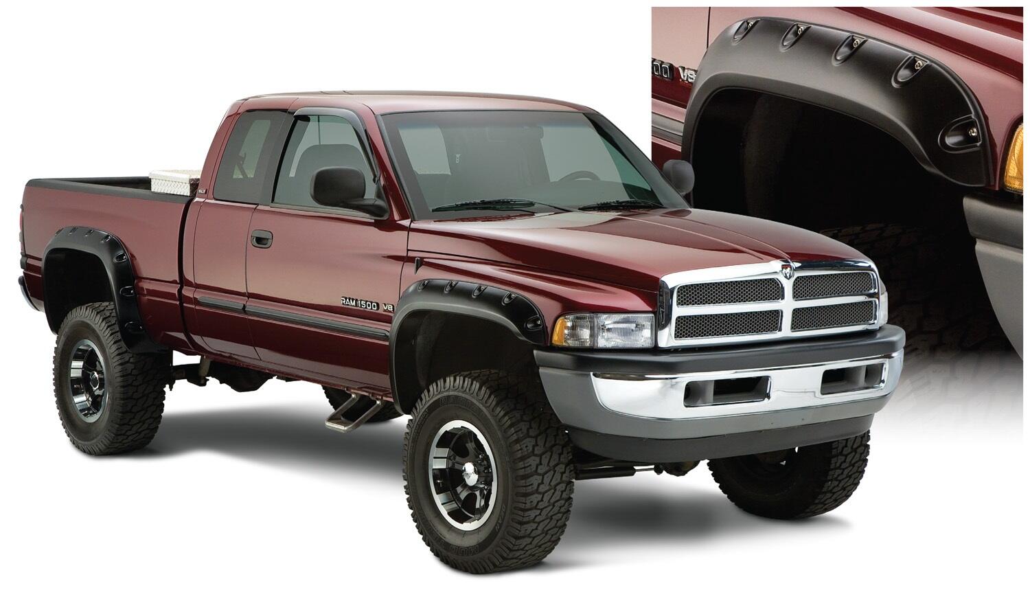 Black Pocket/Rivet Style Smooth Finish 4-Piece Fender Flare Set For 1994-2001 Dodge Ram 1500 1994-2002 Ram 2500, 3500 (Excludes Dually) Fit 78/96 Inch Bed Bushwacker