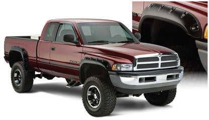 Black Pocket/Rivet Style Smooth Finish 4-Piece Fender Flare Set For 1994-2001 Dodge Ram 1500 1994-2002 Ram 2500, 3500 (Excludes Dually) Fit 78/96 Inch Bed Bushwacker
