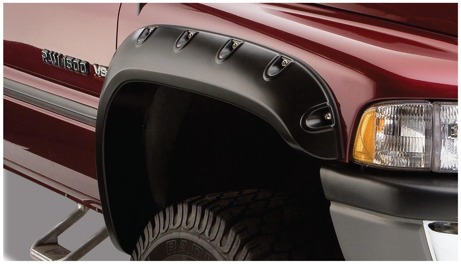 Black Pocket/Rivet Style Smooth Finish 4-Piece Fender Flare Set For 1994-2001 Dodge Ram 1500 1994-2002 Ram 2500, 3500 (Excludes Dually) Fit 78/96 Inch Bed Bushwacker-1